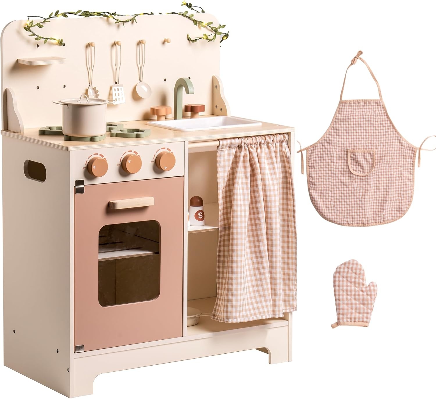 ROBOTIME Kinderkeuken in roze crème, inclusief schort, handschoen, oven en kraan, met gordijn voor interactieve rollenspellen, ideaal voor meisjes vanaf 3 jaar