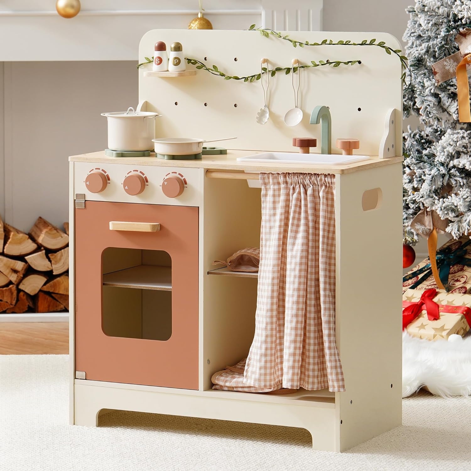 ROBOTIME Kinderkeuken in roze crème, inclusief schort, handschoen, oven en kraan, met gordijn voor interactieve rollenspellen, ideaal voor meisjes vanaf 3 jaar