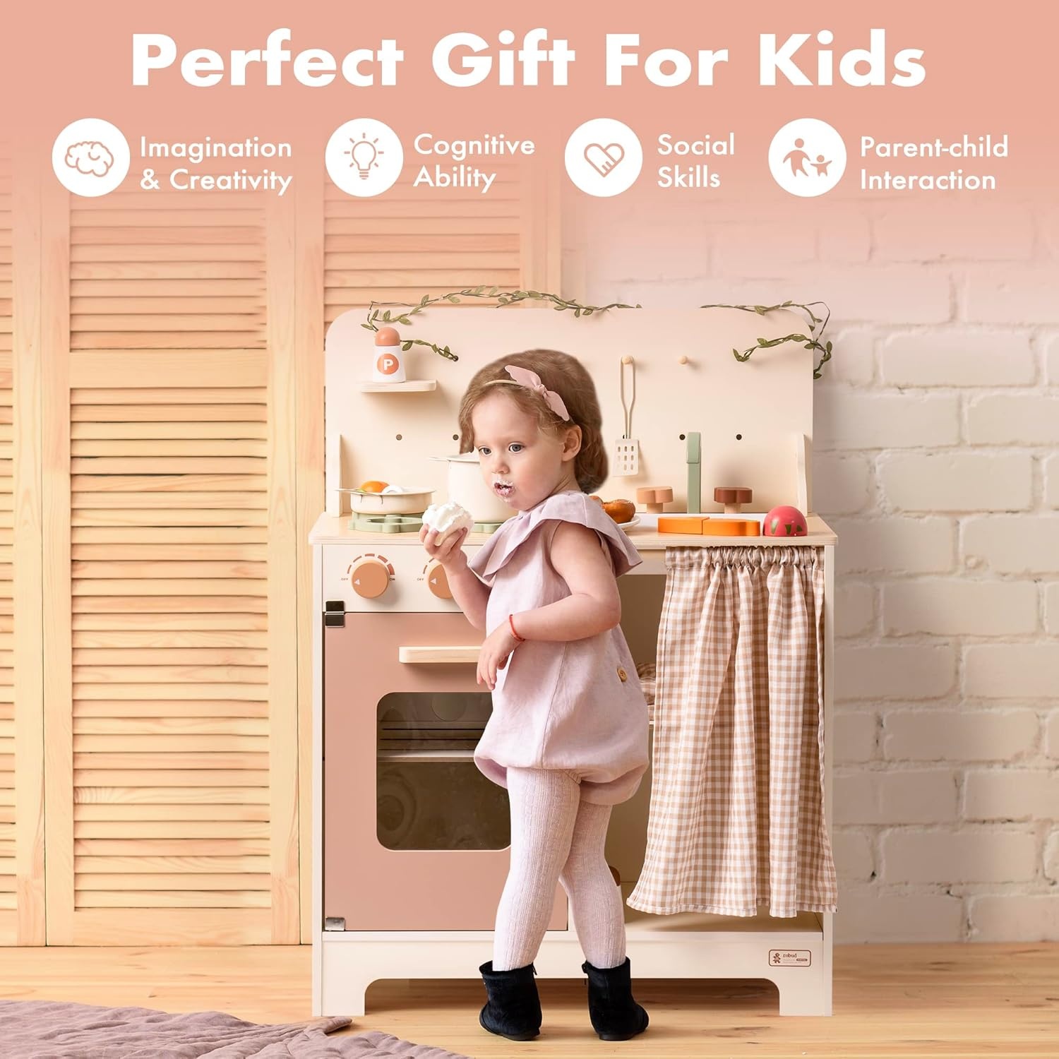 ROBOTIME Kinderkeuken in roze crème, inclusief schort, handschoen, oven en kraan, met gordijn voor interactieve rollenspellen, ideaal voor meisjes vanaf 3 jaar