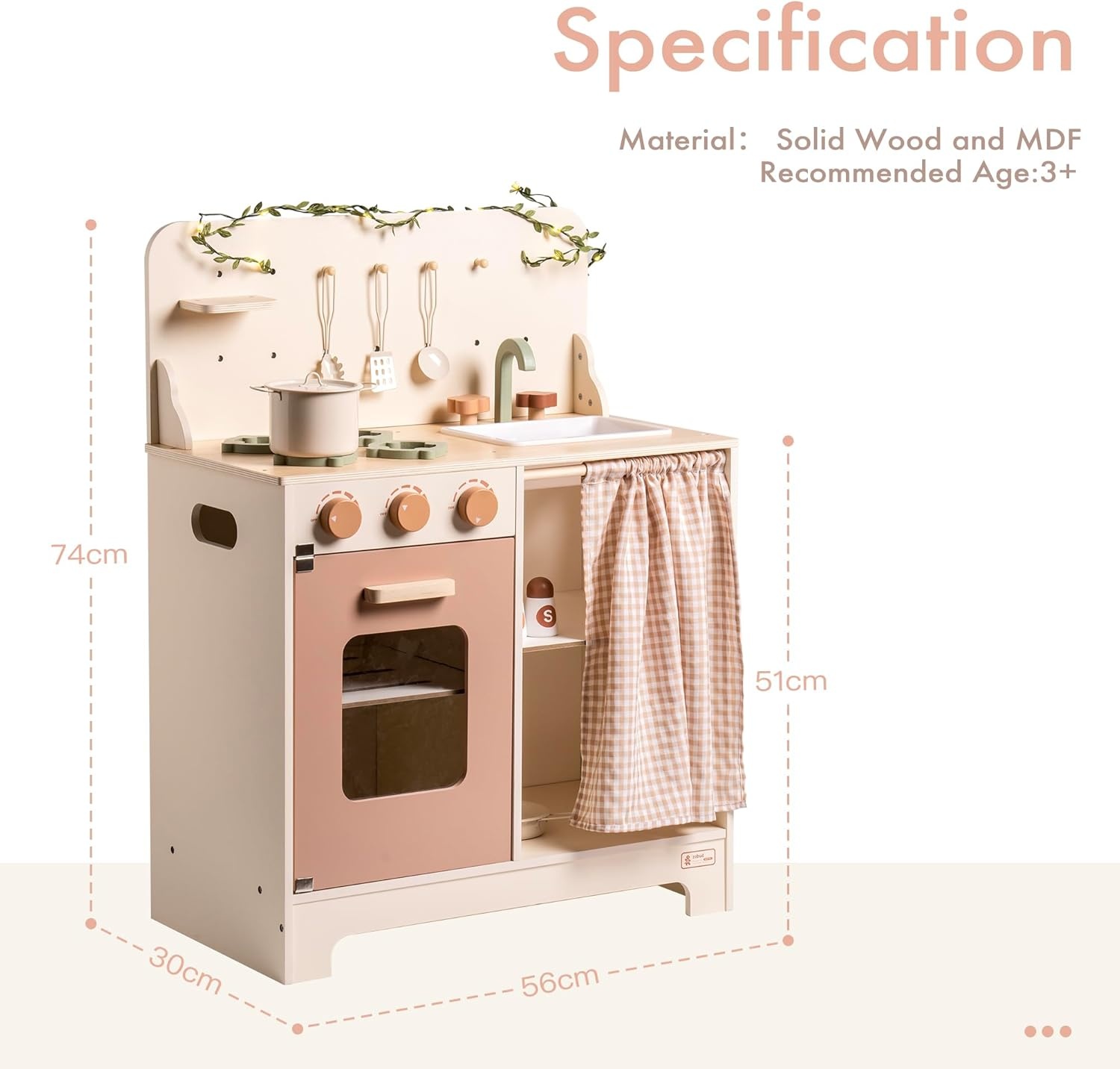 ROBOTIME Kinderkeuken in roze crème, inclusief schort, handschoen, oven en kraan, met gordijn voor interactieve rollenspellen, ideaal voor meisjes vanaf 3 jaar