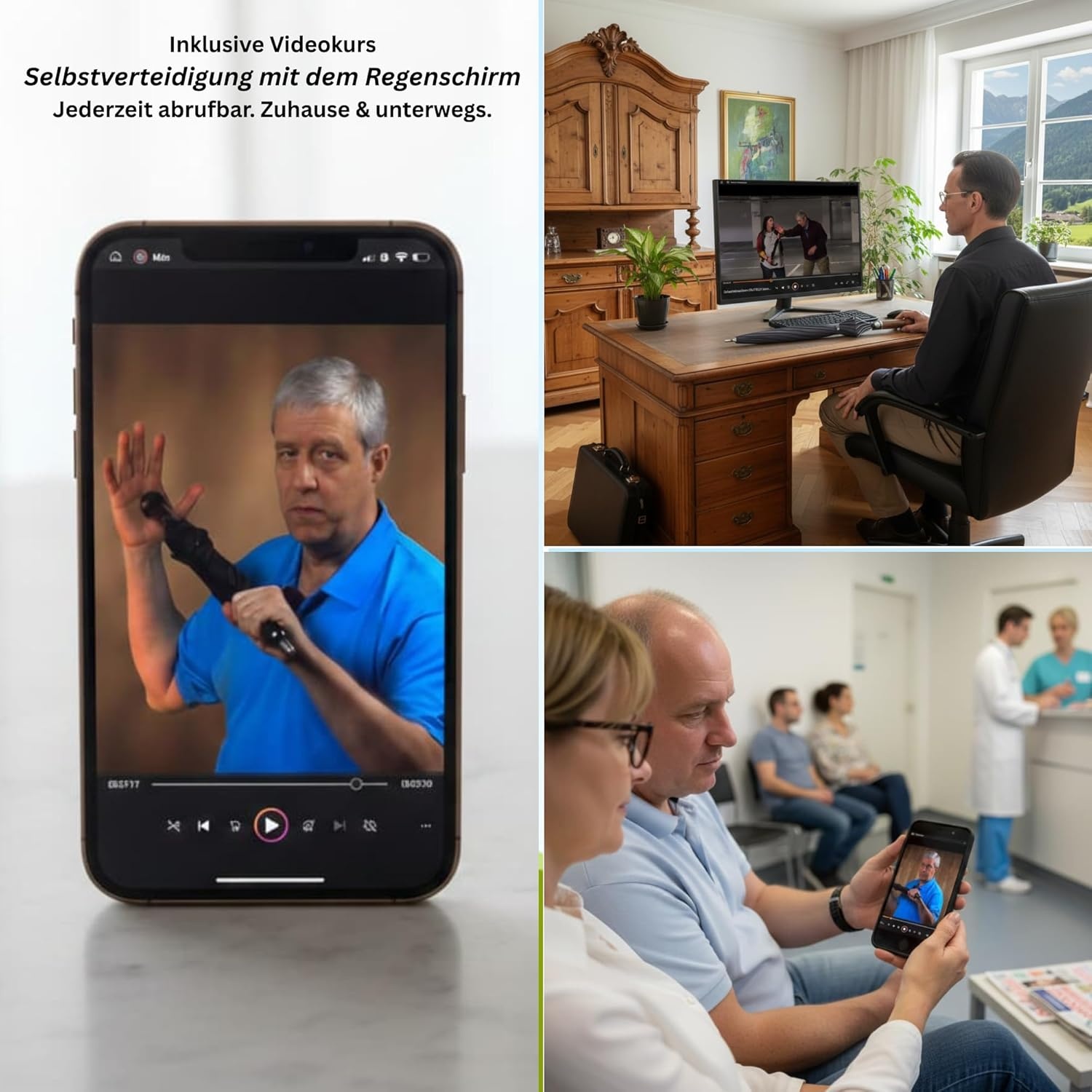 XXL Zelfverdedigingsparaplu met Ringhaak en Videocursus - Zwart, 105 cm