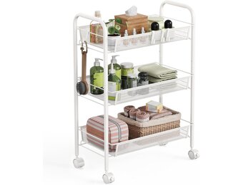 WELDUN Opbergwagen met 3 niveaus, rollende kar, keukenopbergwagen, metalen badkamerwagen, draagbaar, stabiel en eenvoudig te monteren, slaapkamer, keuken, badkamer, woonkamer, opbergwagen, metaal, wit