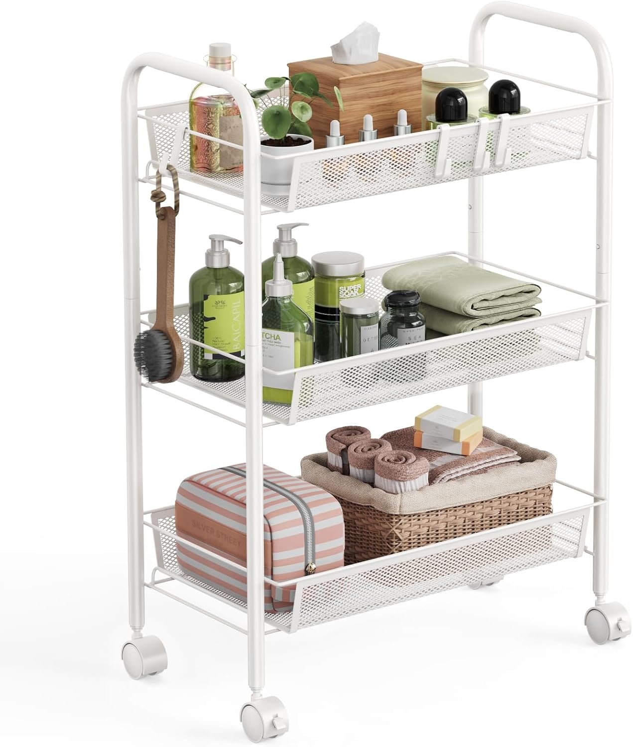 WELDUN Opbergwagen met 3 niveaus, rollende kar, keukenopbergwagen, metalen badkamerwagen, draagbaar, stabiel en eenvoudig te monteren, slaapkamer, keuken, badkamer, woonkamer, opbergwagen, metaal, wit
