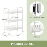 WELDUN Opbergwagen met 3 niveaus, rollende kar, keukenopbergwagen, metalen badkamerwagen, draagbaar, stabiel en eenvoudig te monteren, slaapkamer, keuken, badkamer, woonkamer, opbergwagen, metaal, wit