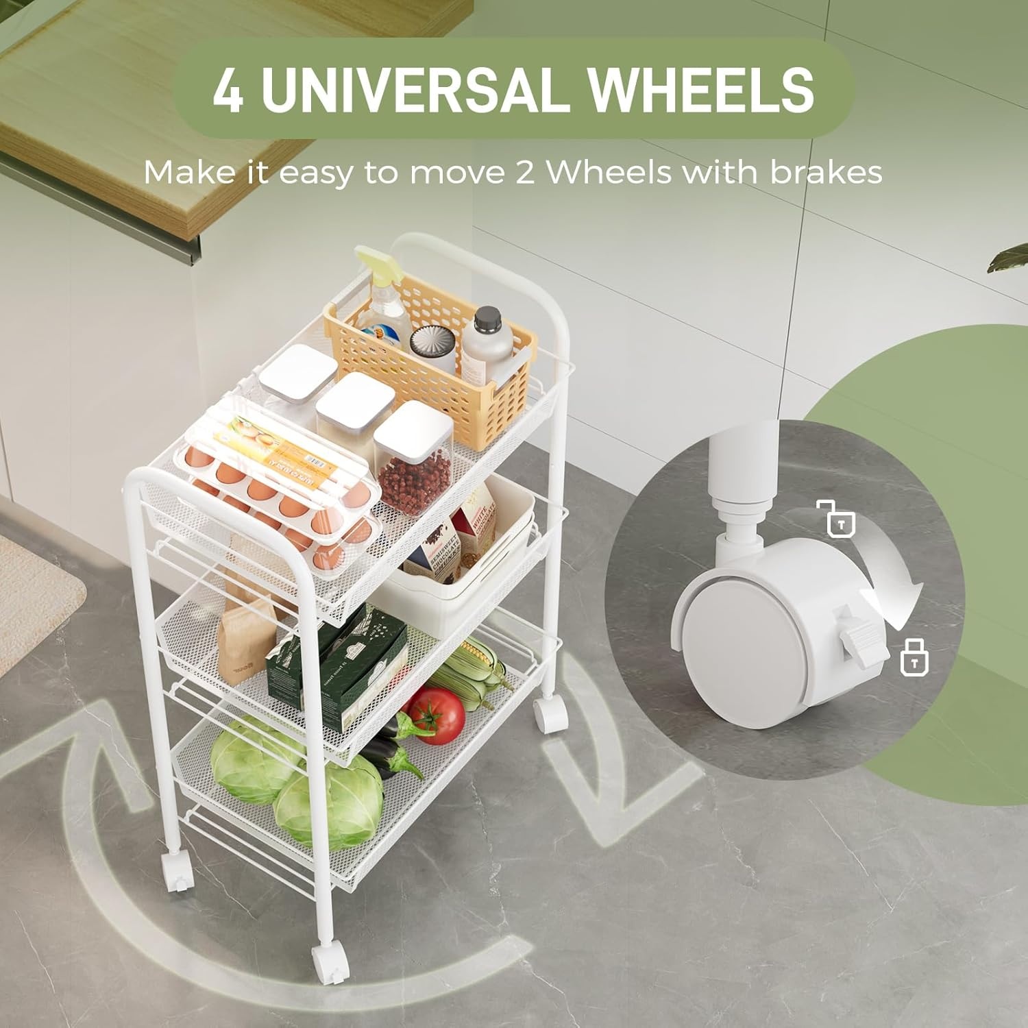 WELDUN Opbergwagen met 3 niveaus, rollende kar, keukenopbergwagen, metalen badkamerwagen, draagbaar, stabiel en eenvoudig te monteren, slaapkamer, keuken, badkamer, woonkamer, opbergwagen, metaal, wit