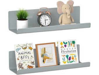 WELDUN Drijvende planken, set van 2 wandplanken, afbeelding rand display, decoratieve wandplanken voor woonkamer, slaapkamer, badkamer, keuken, thuiskantoor, wasruimte, kunststof, grijs