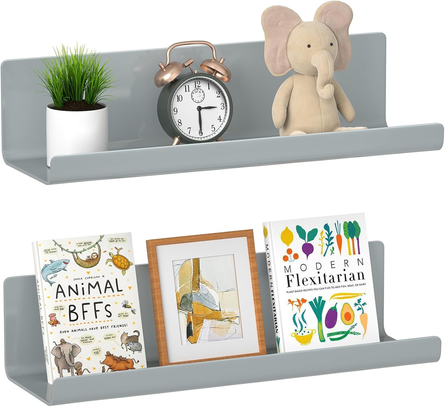 WELDUN Drijvende planken, set van 2 wandplanken, afbeelding rand display, decoratieve wandplanken voor woonkamer, slaapkamer, badkamer, keuken, thuiskantoor, wasruimte, kunststof, grijs