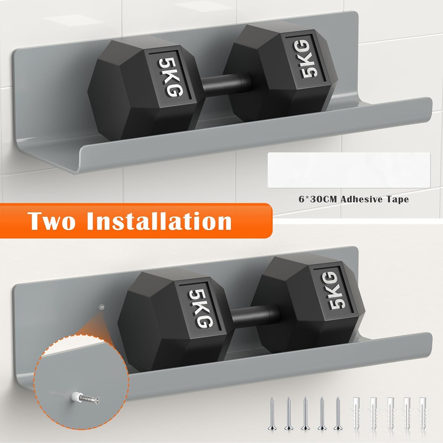 WELDUN Drijvende planken, set van 2 wandplanken, afbeelding rand display, decoratieve wandplanken voor woonkamer, slaapkamer, badkamer, keuken, thuiskantoor, wasruimte, kunststof, grijs