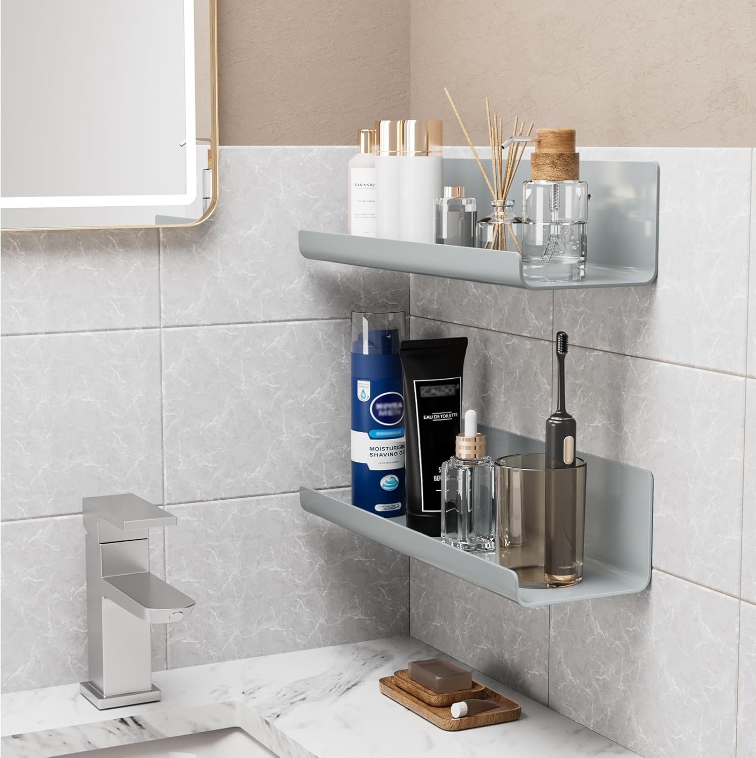 WELDUN Drijvende planken, set van 2 wandplanken, afbeelding rand display, decoratieve wandplanken voor woonkamer, slaapkamer, badkamer, keuken, thuiskantoor, wasruimte, kunststof, grijs