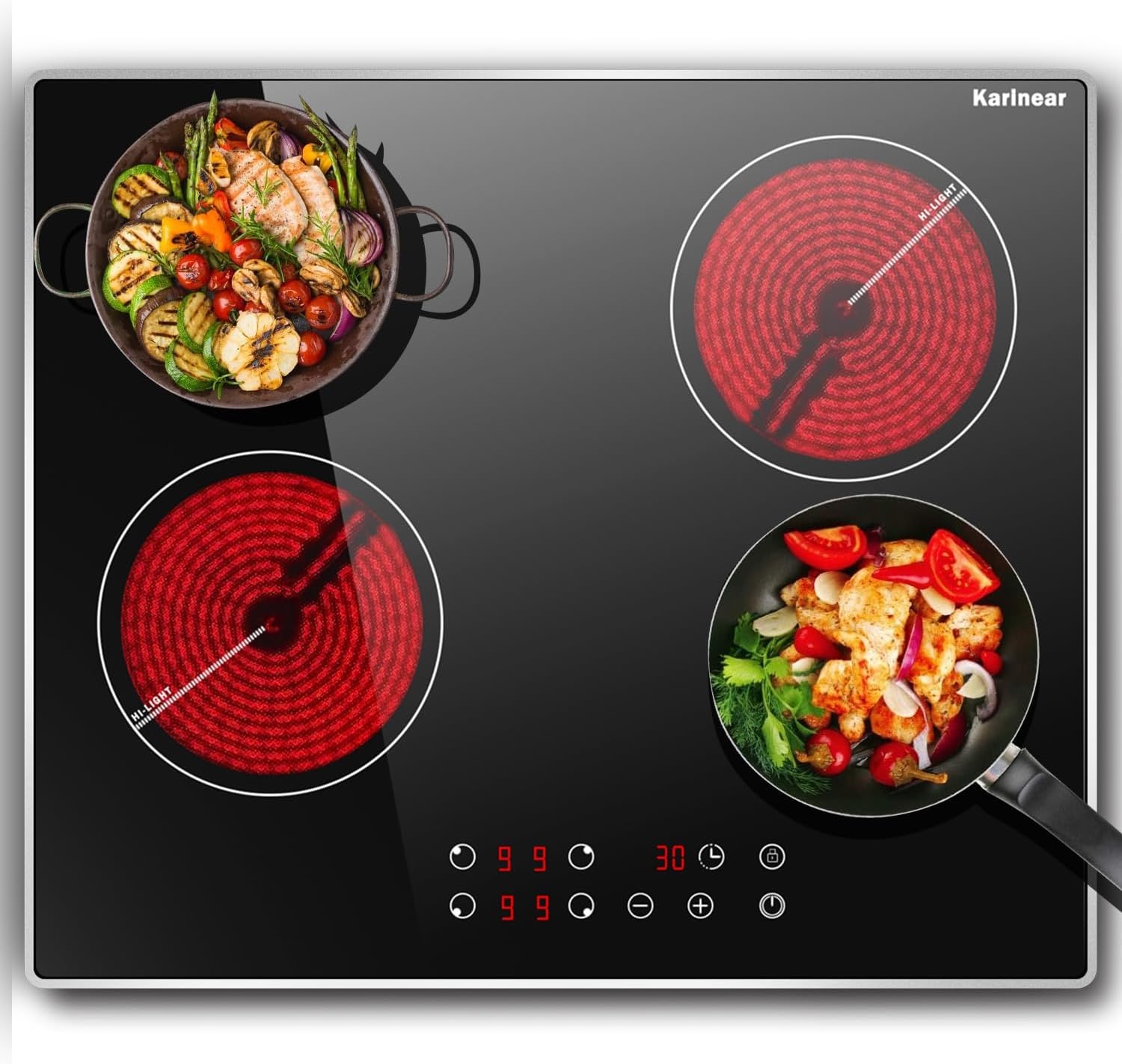 Karinear Keramische Kookplaat 60 cm met Metalen Frame, 6000W, 4 Zones, Touch Control en Kinderbeveiliging