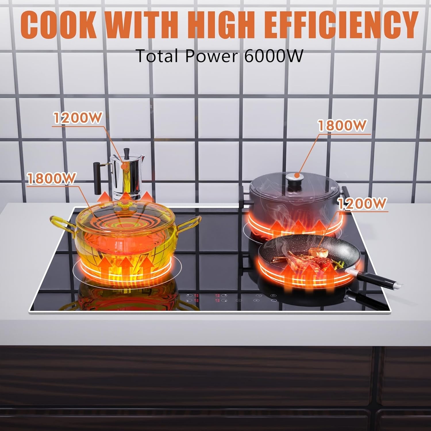 Karinear Keramische Kookplaat 60 cm met Metalen Frame, 6000W, 4 Zones, Touch Control en Kinderbeveiliging