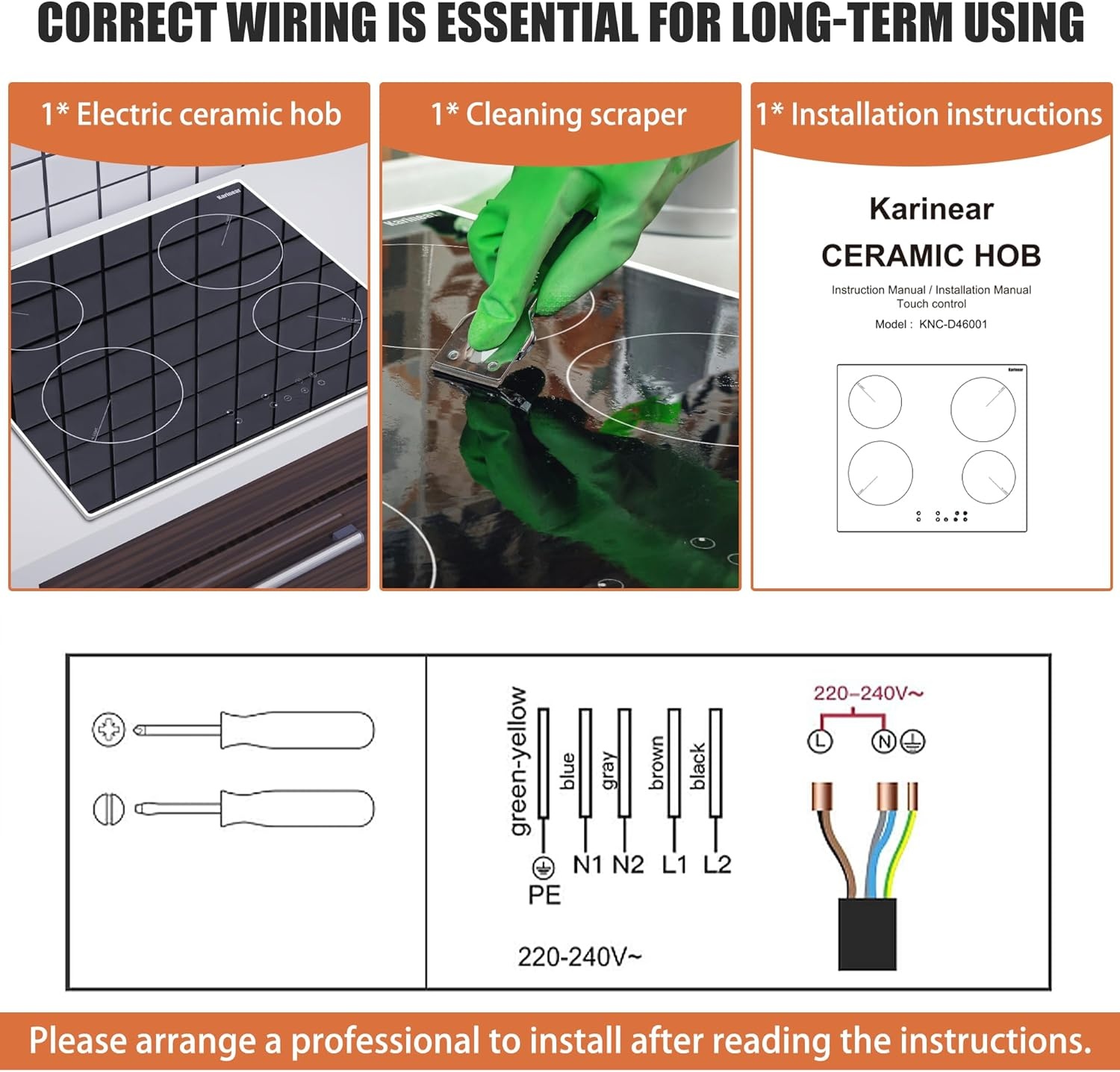 Karinear Keramische Kookplaat 60 cm met Metalen Frame, 6000W, 4 Zones, Touch Control en Kinderbeveiliging