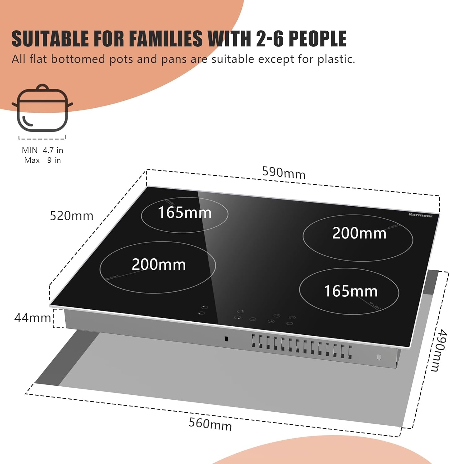 Karinear Keramische Kookplaat 60 cm met Metalen Frame, 6000W, 4 Zones, Touch Control en Kinderbeveiliging