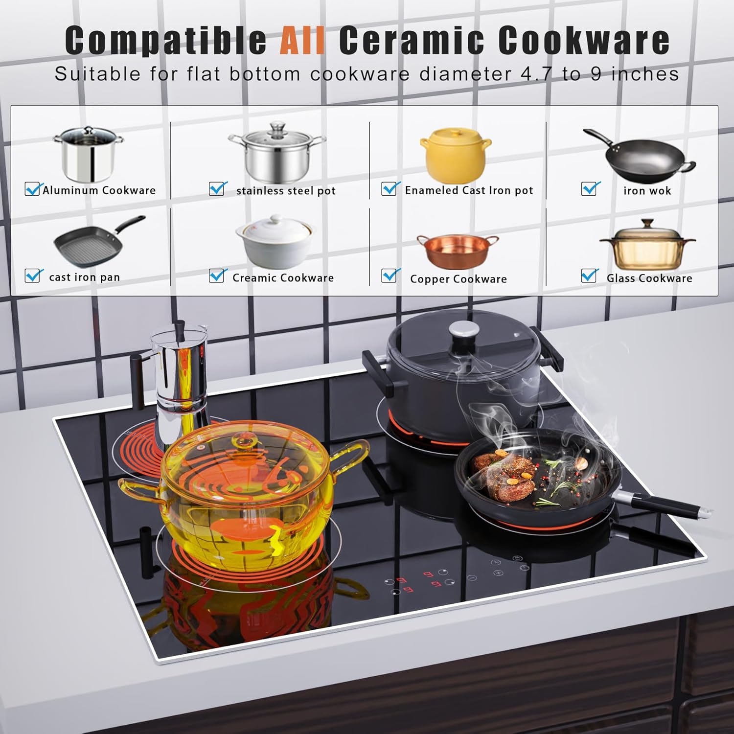 Karinear Keramische Kookplaat 60 cm met Metalen Frame, 6000W, 4 Zones, Touch Control en Kinderbeveiliging