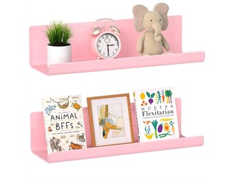 WELDUN Zwevende planken, set van 2 wandplanken, afbeelding rand display, decoratieve wandplanken voor woonkamer, slaapkamer, badkamer, keuken, thuiskantoor, wasruimte, kunststof, roze