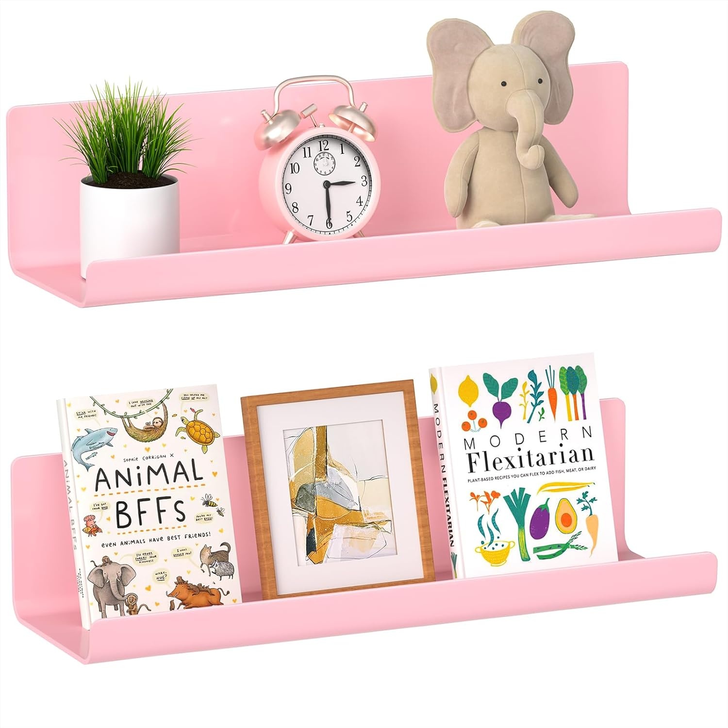 WELDUN Zwevende planken, set van 2 wandplanken, afbeelding rand display, decoratieve wandplanken voor woonkamer, slaapkamer, badkamer, keuken, thuiskantoor, wasruimte, kunststof, roze
