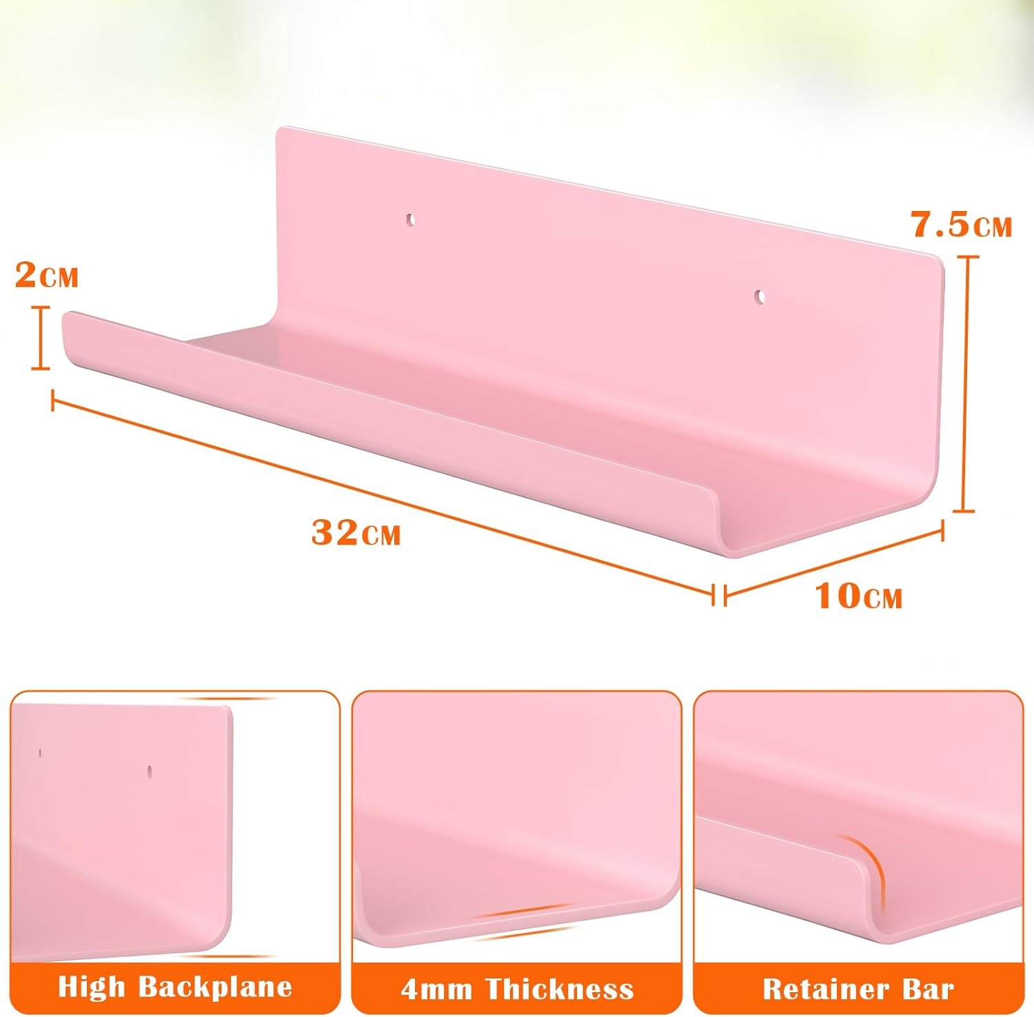 WELDUN Zwevende planken, set van 2 wandplanken, afbeelding rand display, decoratieve wandplanken voor woonkamer, slaapkamer, badkamer, keuken, thuiskantoor, wasruimte, kunststof, roze