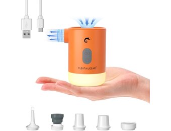 FLEXTAILGEAR Elektrische luchtpomp Max Pump 2 Pro Draagbaar 4,5 kPa met oplaadbare 3600 mAh batterij, inflator met verstelbare campinglantaarn voor zwembadzwemmers Luchtbed Luchtmatras Zwemring Oranje