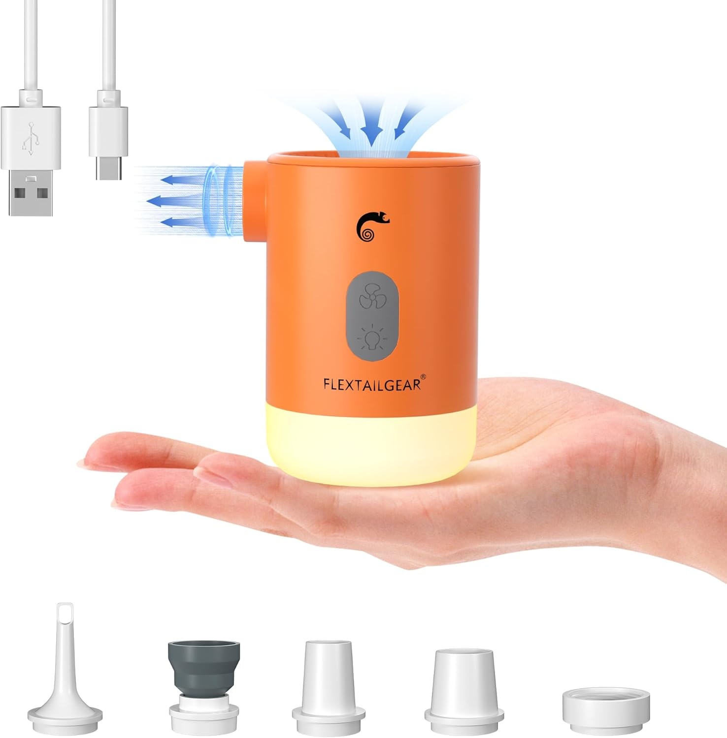 FLEXTAILGEAR Elektrische luchtpomp Max Pump 2 Pro Draagbaar 4,5 kPa met oplaadbare 3600 mAh batterij, inflator met verstelbare campinglantaarn voor zwembadzwemmers Luchtbed Luchtmatras Zwemring Oranje