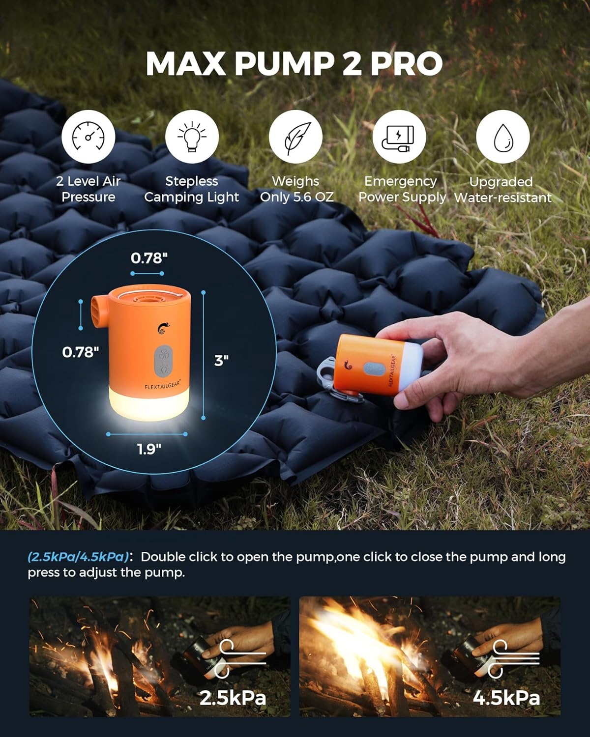 FLEXTAILGEAR Elektrische luchtpomp Max Pump 2 Pro Draagbaar 4,5 kPa met oplaadbare 3600 mAh batterij, inflator met verstelbare campinglantaarn voor zwembadzwemmers Luchtbed Luchtmatras Zwemring Oranje