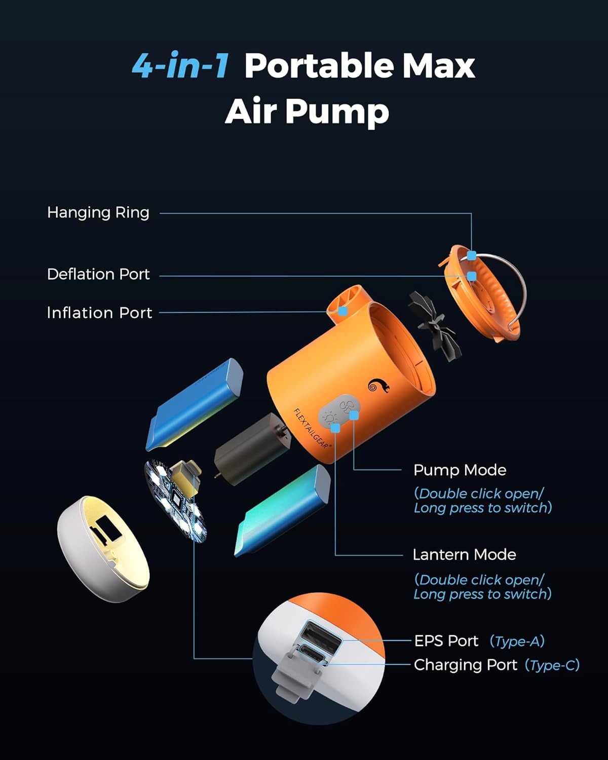 FLEXTAILGEAR Elektrische luchtpomp Max Pump 2 Pro Draagbaar 4,5 kPa met oplaadbare 3600 mAh batterij, inflator met verstelbare campinglantaarn voor zwembadzwemmers Luchtbed Luchtmatras Zwemring Oranje
