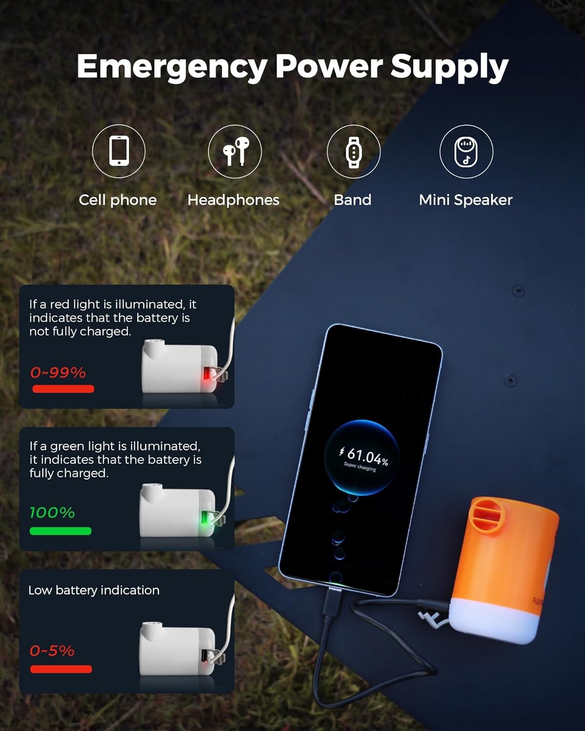 FLEXTAILGEAR Elektrische luchtpomp Max Pump 2 Pro Draagbaar 4,5 kPa met oplaadbare 3600 mAh batterij, inflator met verstelbare campinglantaarn voor zwembadzwemmers Luchtbed Luchtmatras Zwemring Oranje