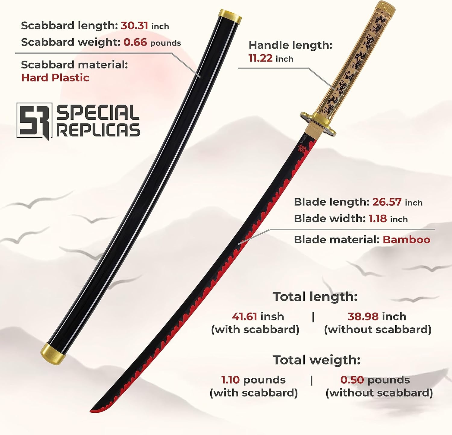 Cosplay-zwaard, bamboe, anime, geïnspireerd op de katana's uit Daemon Slayer, 105 cm, hoofdrolspelers Hashira, een verscheidenheid aan stijlen (katanazwaard van Yoriichi Tsugikuni, JT10672)