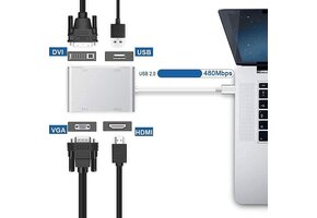 4-in-1 USB-C Adapter | 4K HDMI, VGA, DVI, USB 3.0 | Zilver