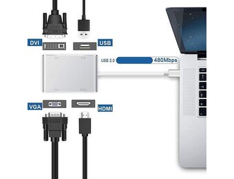 HuiHeng 4-in-1 USB-C naar HDMI, VGA en DVI Adapter - Zilver