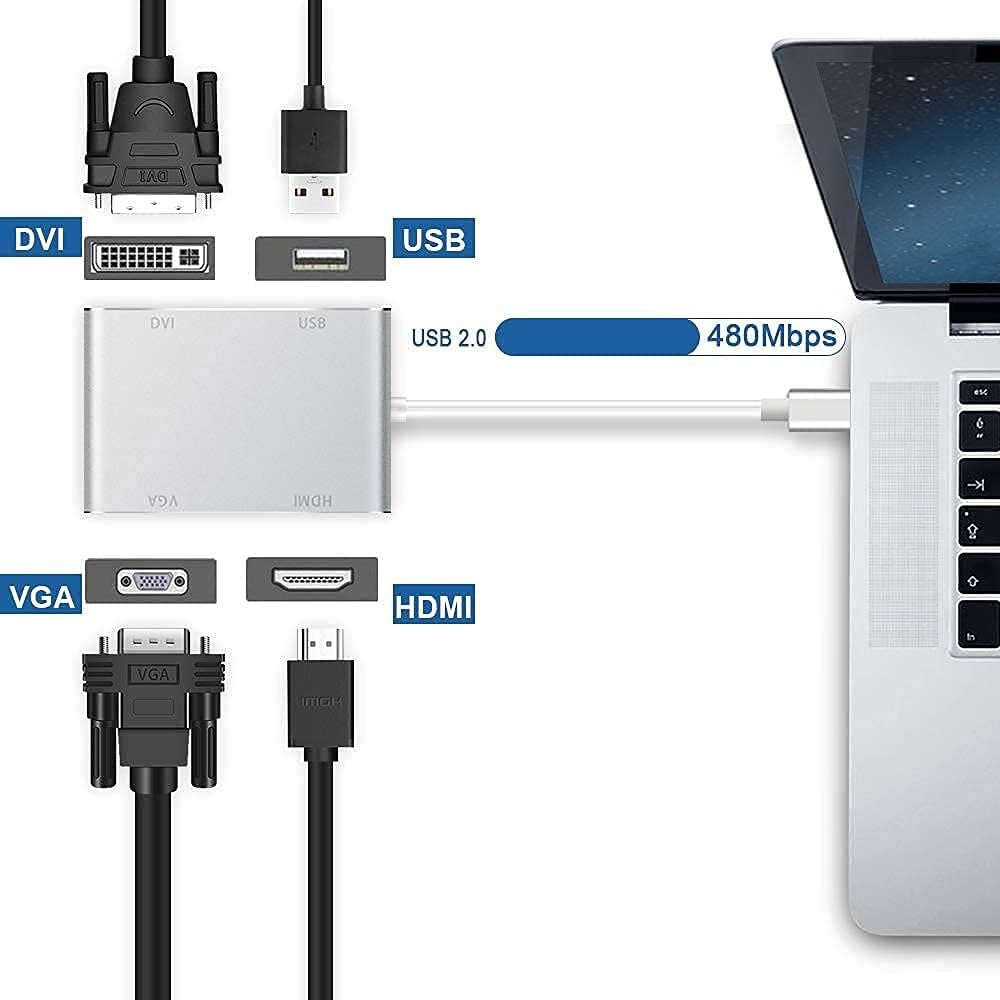 HuiHeng 4-in-1 USB-C naar HDMI, VGA en DVI Adapter - Zilver