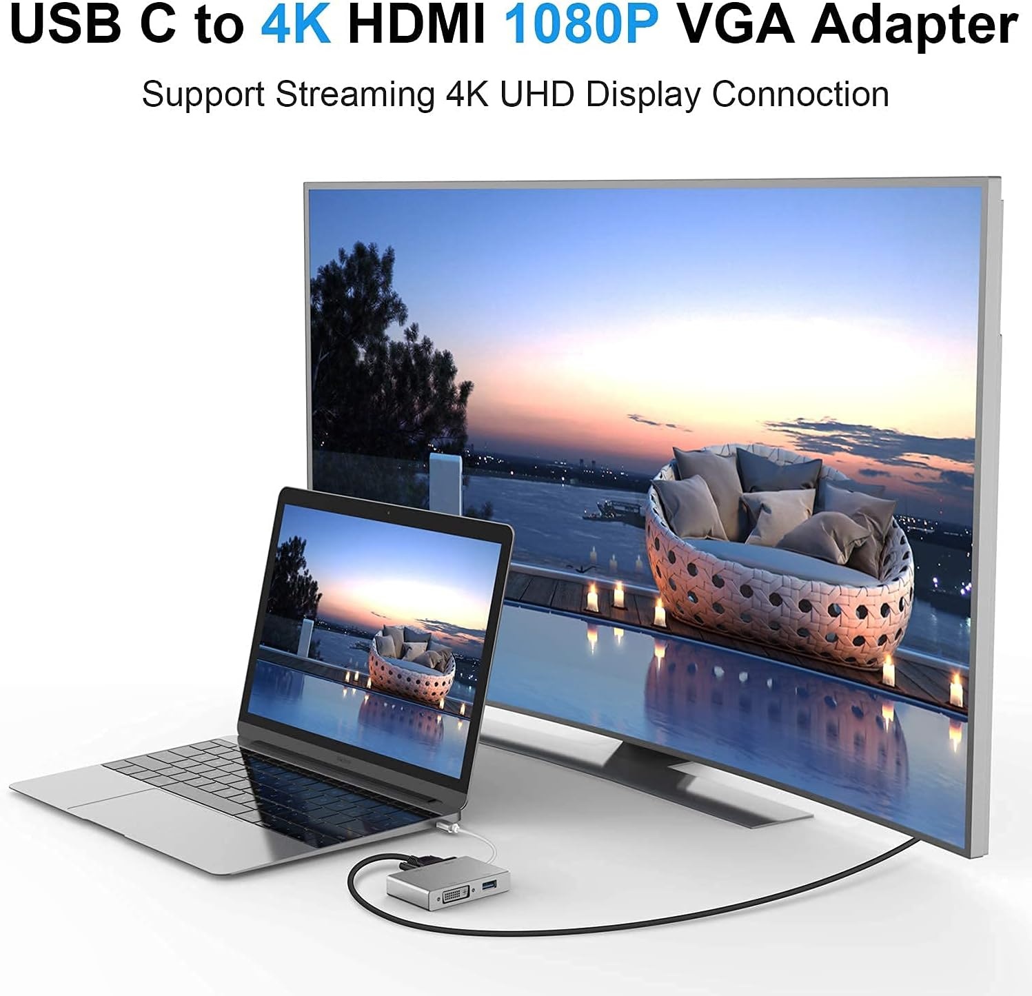 HuiHeng 4-in-1 USB-C naar HDMI, VGA en DVI Adapter - Zilver