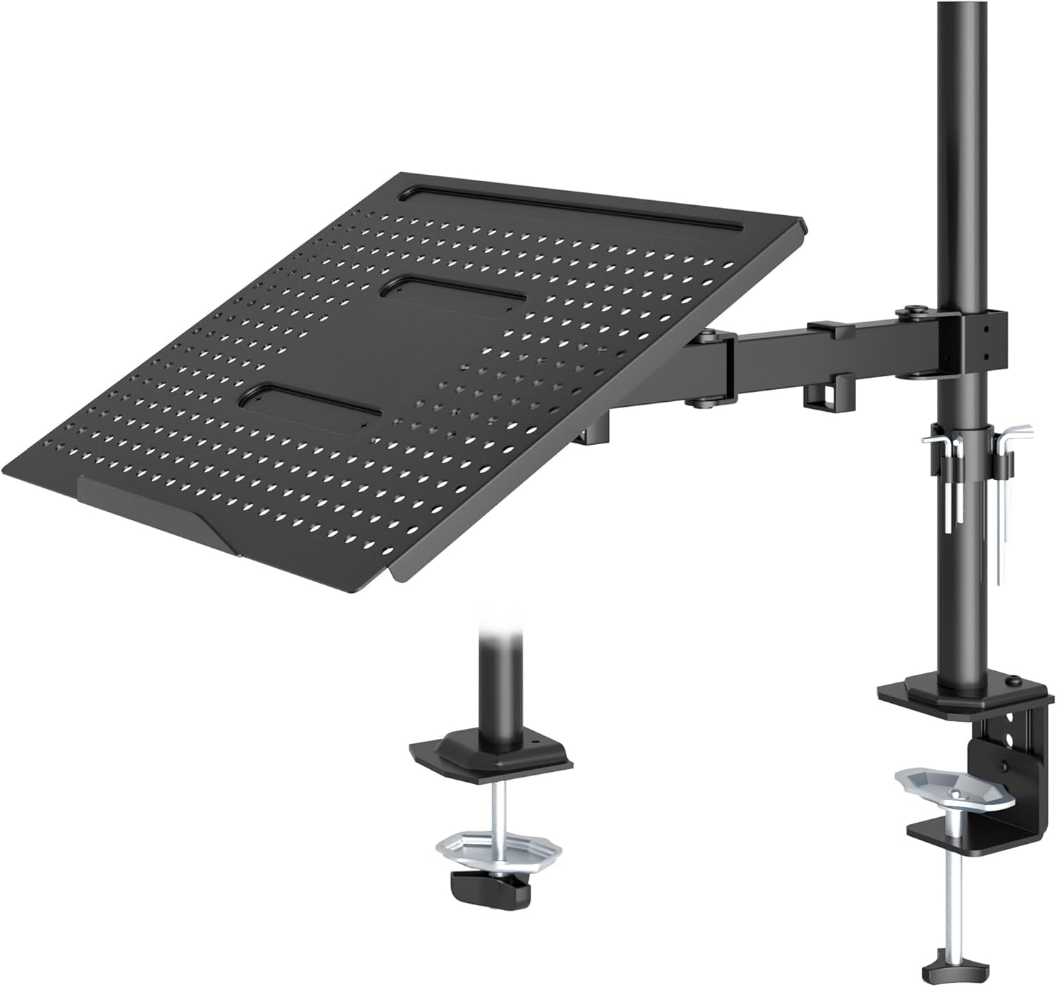REDBAT-monitorarm met geventileerde laptoplade, volledig verstelbaar voor 13-32 inch LCD LED-schermen en notebooks tot 16 inch, met 2 montageopties, kantelen, zwenken en roteren
