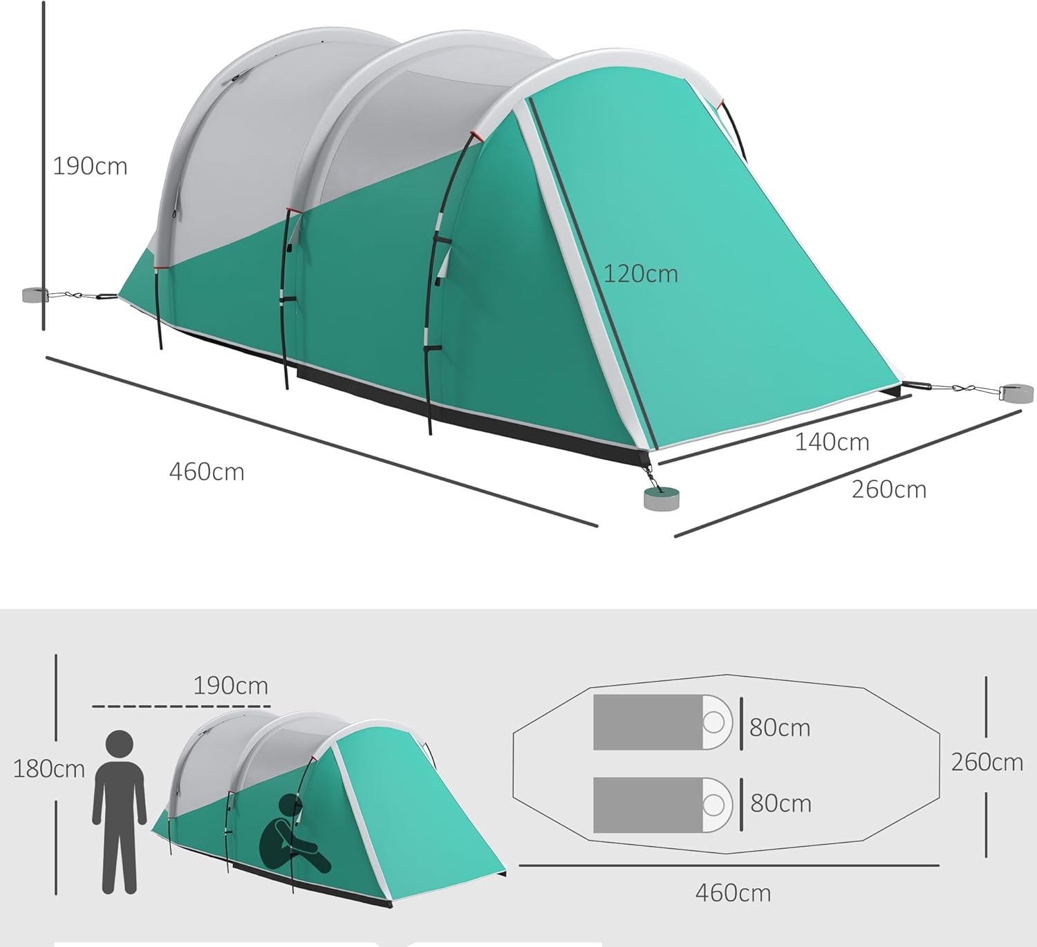 Outsunny Tunneltent, campingtent voor 5 personen, familietent met 2 kamers, draagtas, 3000 mm waterafstotend, groepstent, voor tuin, camping