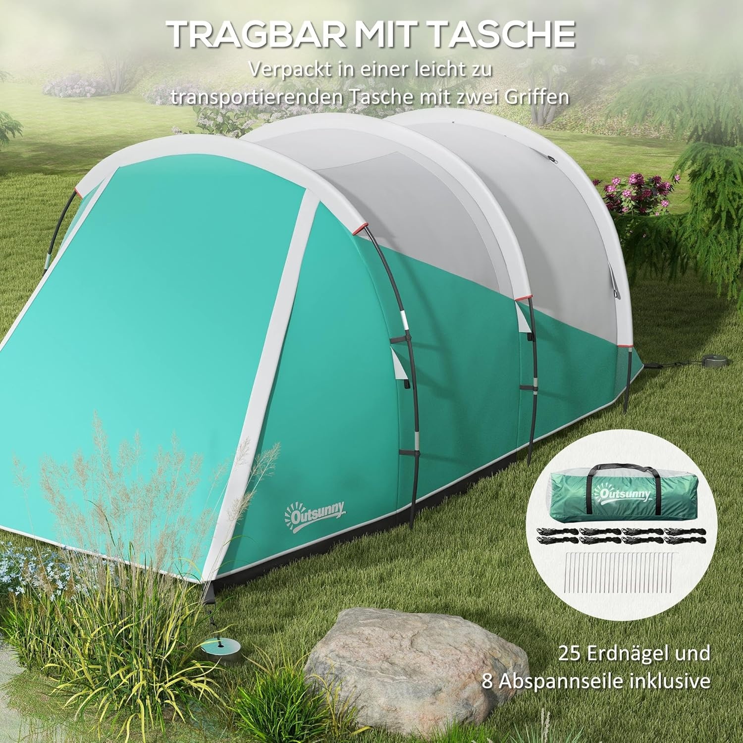 Outsunny Tunneltent, campingtent voor 5 personen, familietent met 2 kamers, draagtas, 3000 mm waterafstotend, groepstent, voor tuin, camping
