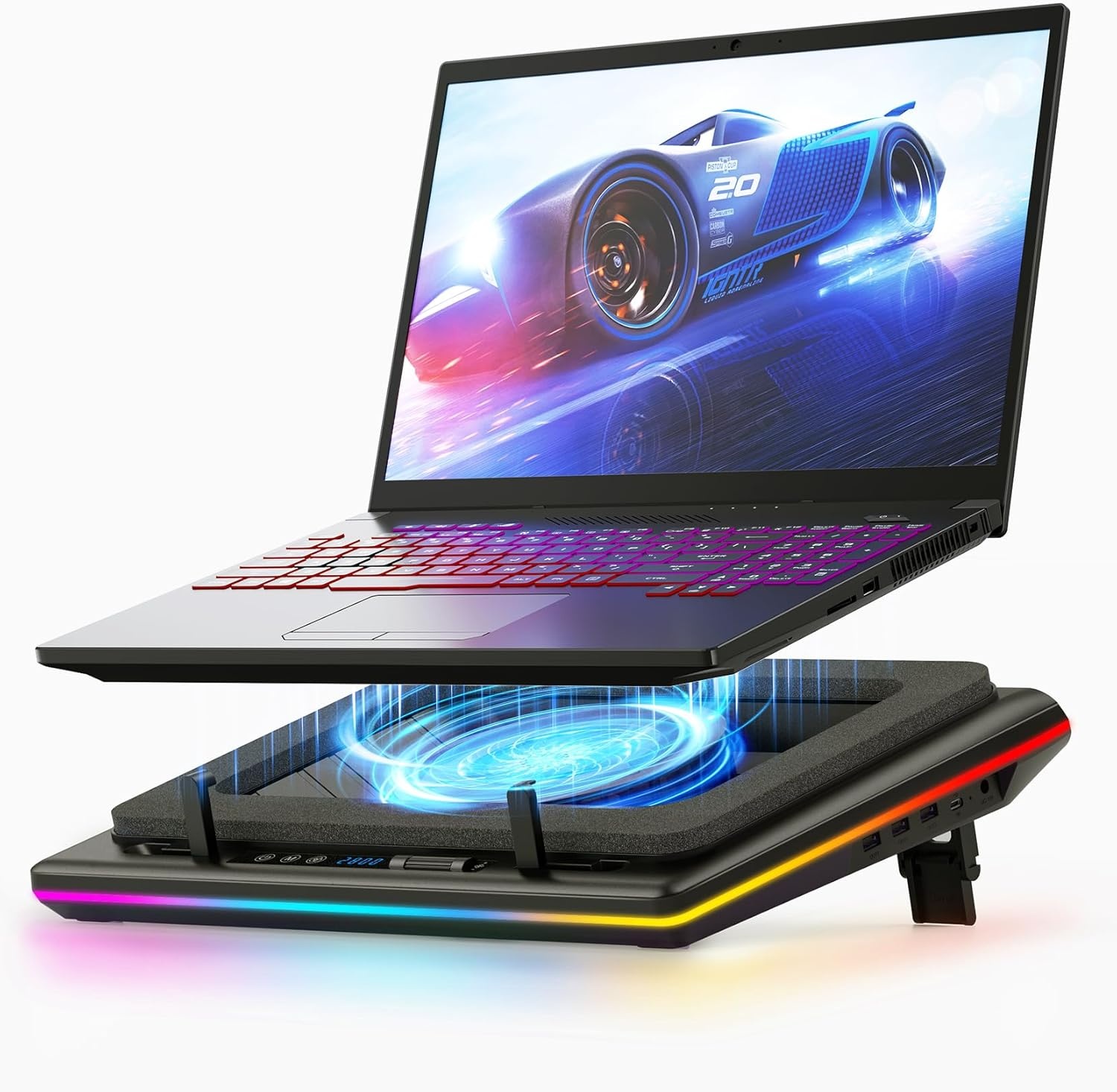 Laptop koelpad met krachtige turboventilator RGB laptop koeler radiator met traploos regelbare snelheid touch-bediening LCD-scherm 3-poorts USB afdichtingsschuim van laptops 38-48 cm