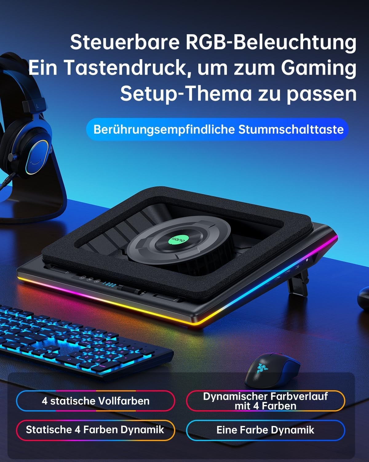 Laptop koelpad met krachtige turboventilator RGB laptop koeler radiator met traploos regelbare snelheid touch-bediening LCD-scherm 3-poorts USB afdichtingsschuim van laptops 38-48 cm