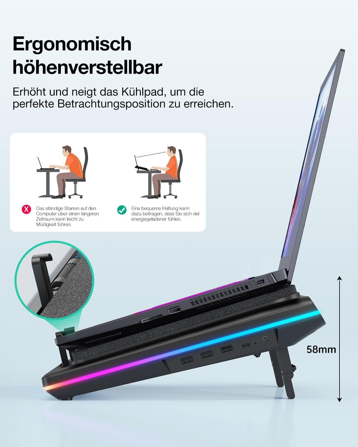 Laptop koelpad met krachtige turboventilator RGB laptop koeler radiator met traploos regelbare snelheid touch-bediening LCD-scherm 3-poorts USB afdichtingsschuim van laptops 38-48 cm