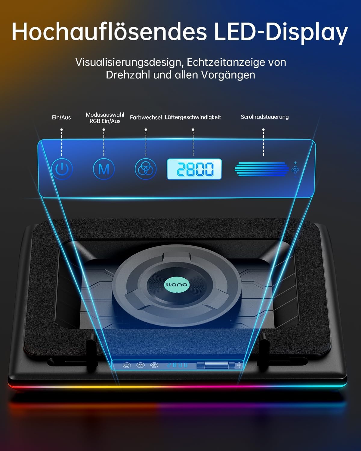 Laptop koelpad met krachtige turboventilator RGB laptop koeler radiator met traploos regelbare snelheid touch-bediening LCD-scherm 3-poorts USB afdichtingsschuim van laptops 38-48 cm