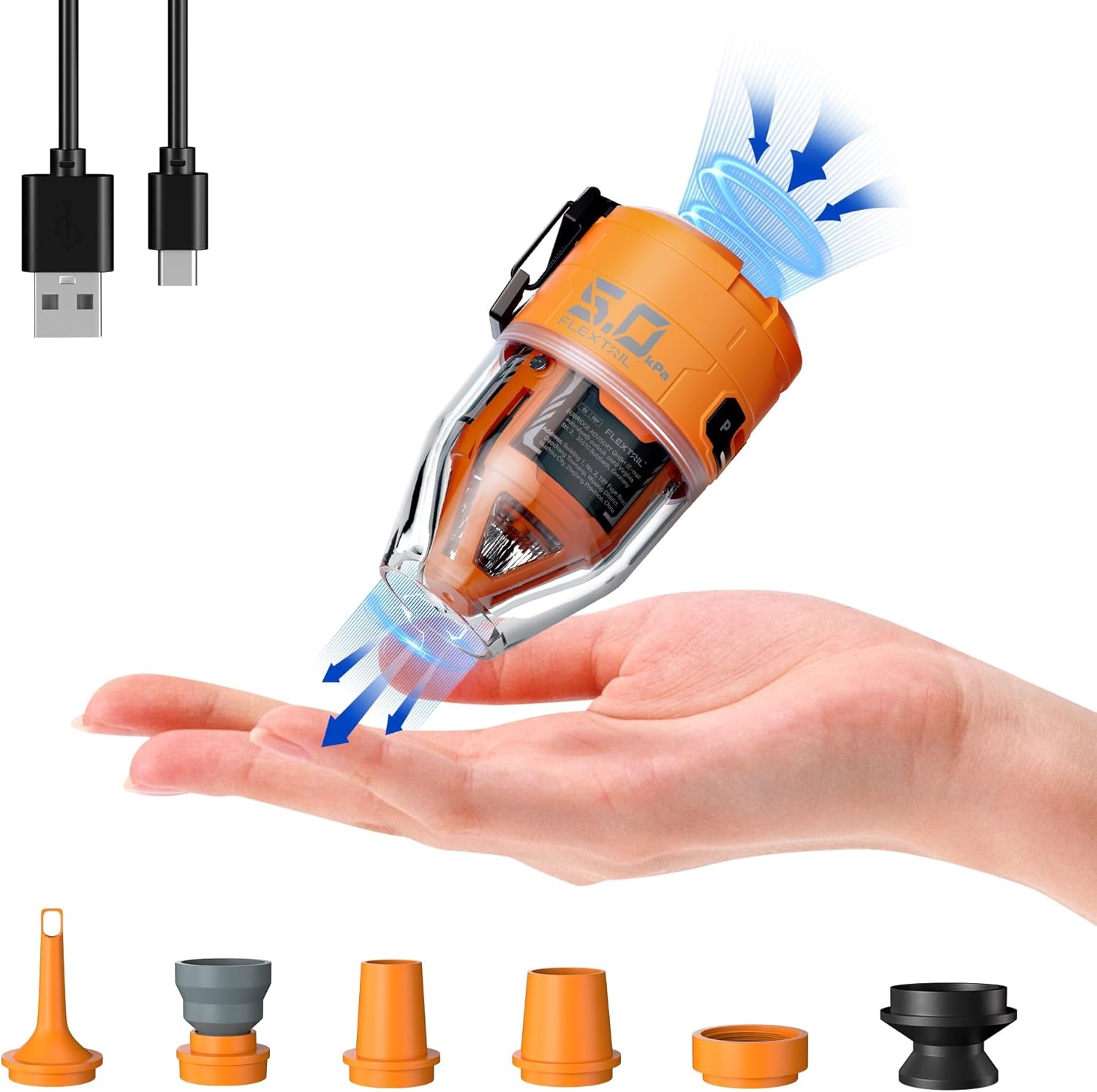 FLEXTAILGEAR MAX Pump 3 draagbare luchtpomp, 5,0 kPa, verlichting, USB-opladen voor het opblazen en legen van zwemhulpen, luchtbedden en zwemringen, vacuümopbergzak