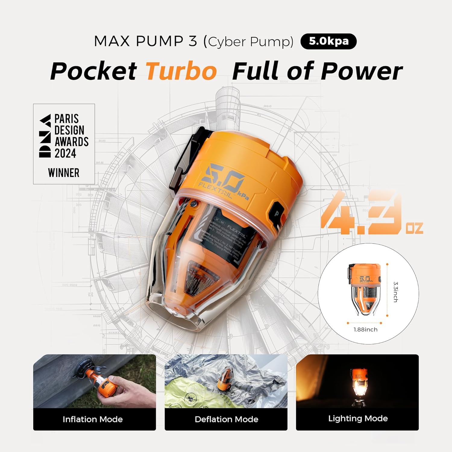 FLEXTAILGEAR MAX Pump 3 draagbare luchtpomp, 5,0 kPa, verlichting, USB-opladen voor het opblazen en legen van zwemhulpen, luchtbedden en zwemringen, vacuümopbergzak