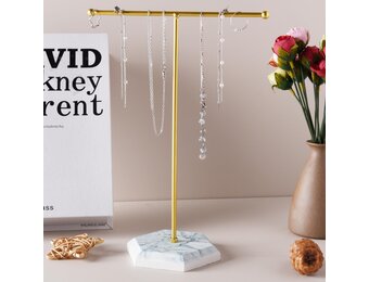 Sieraden Organizer Standaard, T-Bar Halsketting Display Standaard Oorbellen Houder Metaal hangende Hanger Rek met Marmer Patroon Dienblad, Sieraden Display Standaard voor Armbanden Ringen Horloges