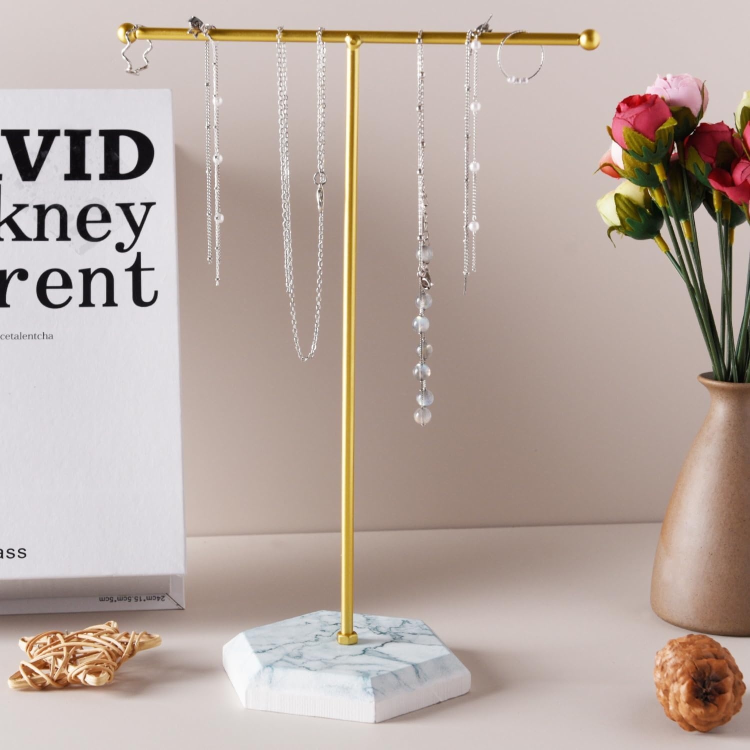 Sieraden Organizer Standaard, T-Bar Halsketting Display Standaard Oorbellen Houder Metaal hangende Hanger Rek met Marmer Patroon Dienblad, Sieraden Display Standaard voor Armbanden Ringen Horloges