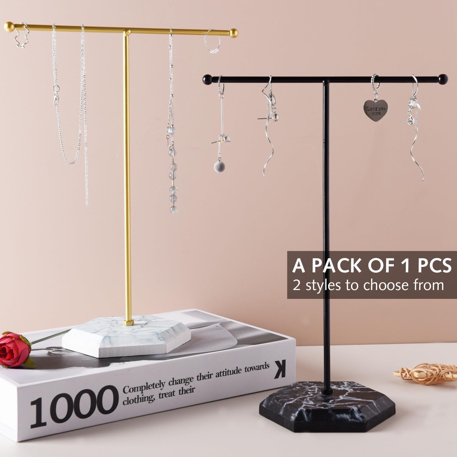 Sieraden Organizer Standaard, T-Bar Halsketting Display Standaard Oorbellen Houder Metaal hangende Hanger Rek met Marmer Patroon Dienblad, Sieraden Display Standaard voor Armbanden Ringen Horloges