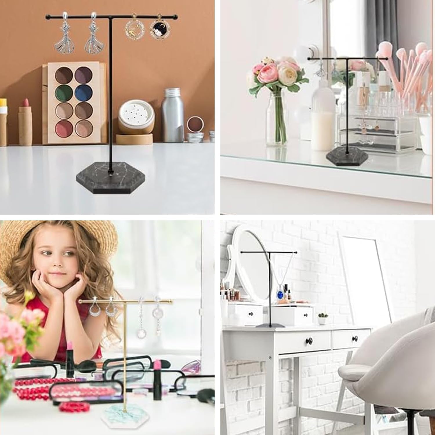 Sieraden Organizer Standaard, T-Bar Halsketting Display Standaard Oorbellen Houder Metaal hangende Hanger Rek met Marmer Patroon Dienblad, Sieraden Display Standaard voor Armbanden Ringen Horloges