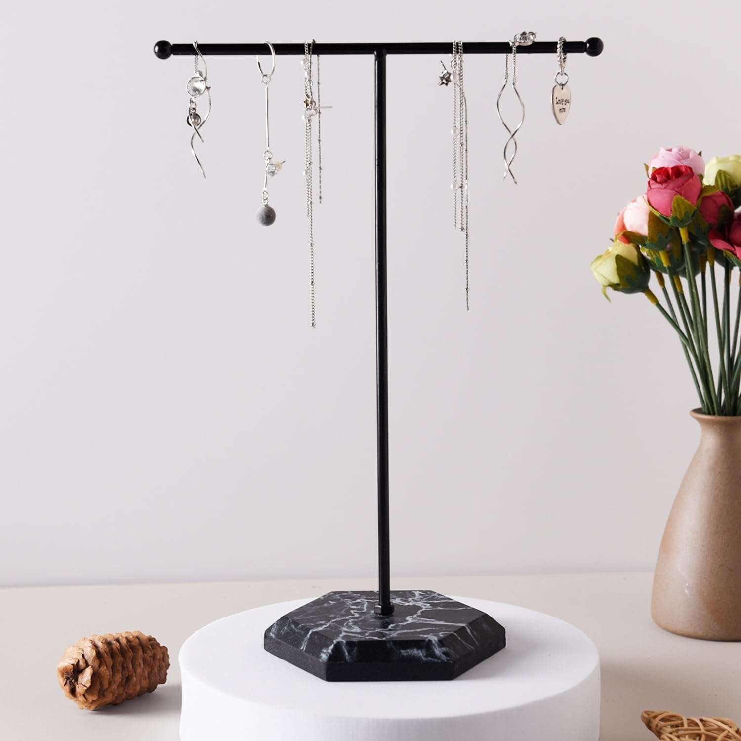 Sieraden Organizer Standaard, T-Bar Halsketting Display Standaard Oorbellen Houder Metaal hangende Hanger Rek met Marmer Patroon Dienblad, Sieraden Display Standaard voor Armbanden Ringen Horloges