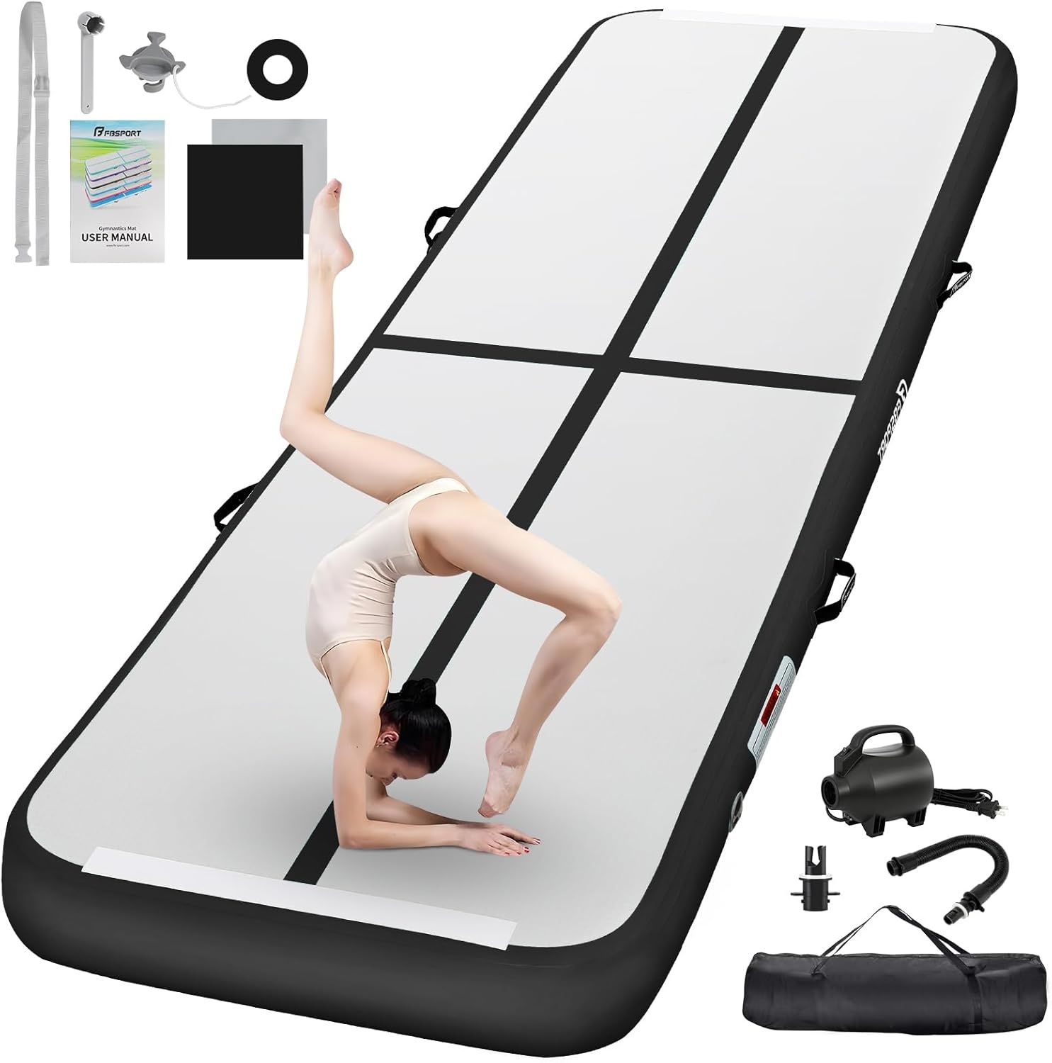 FBSPORT Opblaasbare trainingsmat, 10 cm, opblaasbare gymnastiekmat, turnmat, gymnastiekmat voor turner, tumbling, yoga, turnmat, yoga, hoogte 2 meter
