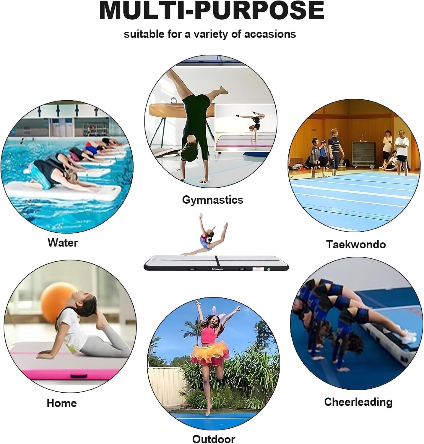 FBSPORT Opblaasbare trainingsmat, 10 cm, opblaasbare gymnastiekmat, turnmat, gymnastiekmat voor turner, tumbling, yoga, turnmat, yoga, hoogte 2 meter