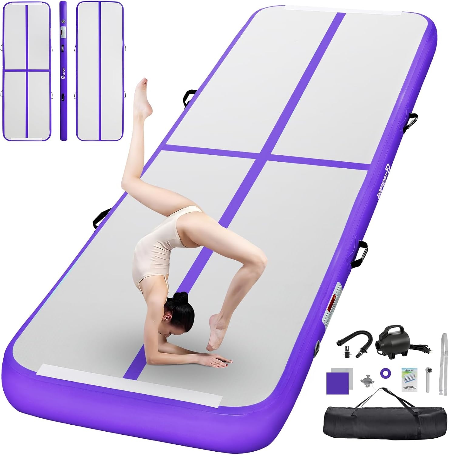 FBSPORT Airtrack Mat, 20 cm hoog, koolstofvezel, tumbling-mat, lengte 3 m, opblaasbare gymnastiekmat, trainingsmat voor oefeningen, tumbling