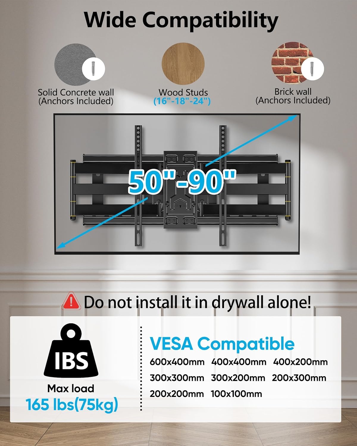 FORGING MOUNT TV muurbeugel beugel met 6 sterke armen draaibare kantelbare volledige beweging dubbel scharnier televisiebeugel voor 50-90 inch flat/curve televisie tot 75 kg, max. VESA 600 x 400 mm