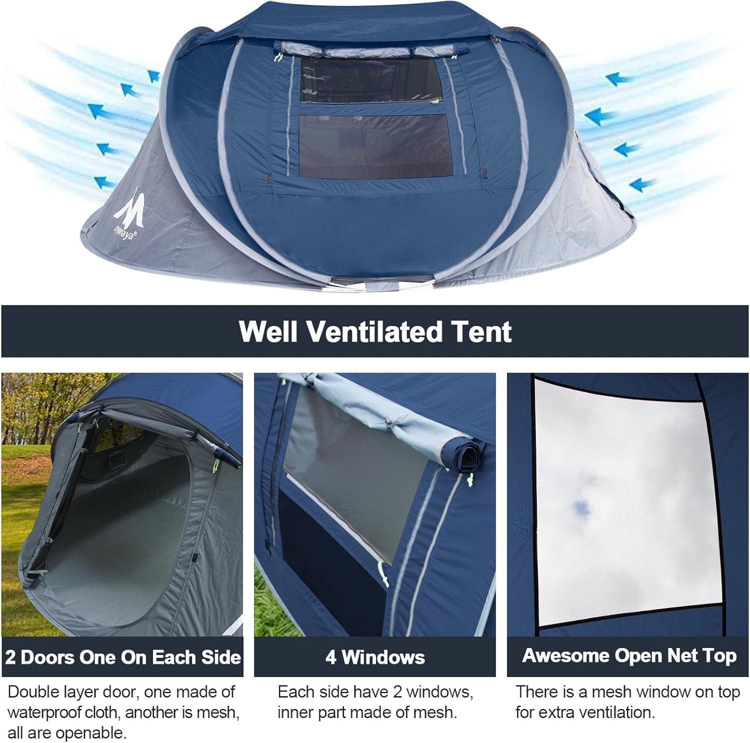 Pop-up tent voor 3-4 personen, werptent met groot dakraam, automatische strandtent, voor 4 personen, waterdichte strandtent, festivaltent, snel op te bouwtent voor outdoor, camping, picknick,